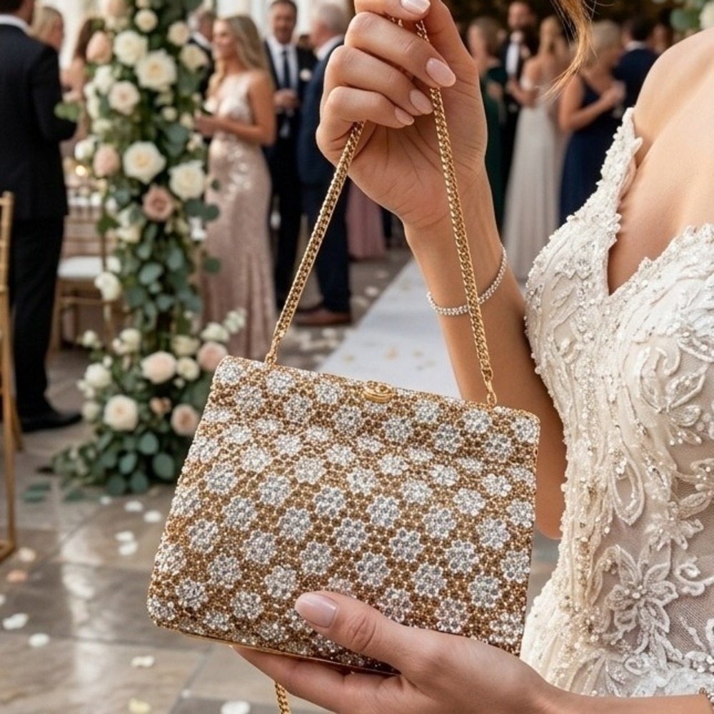 Gold Crystal Floral Evening Clutch Bag Rhinestone Minaudiere Wedding Formal
